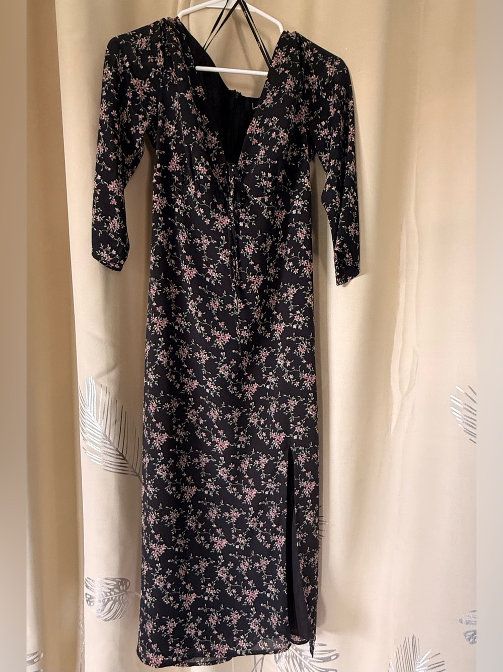 Lulu's Feminine Black Midi Dress with Pink Floral Print